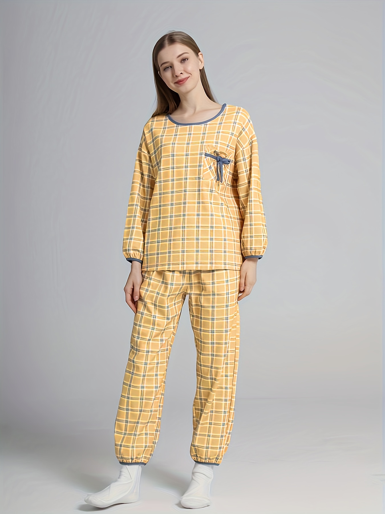 Casual Printed Pajama Set, Comfy Solid Short Sleeve Crew Neck Top & Plaid  Bow Long Pants, Women's Sleepwear & Loungewear