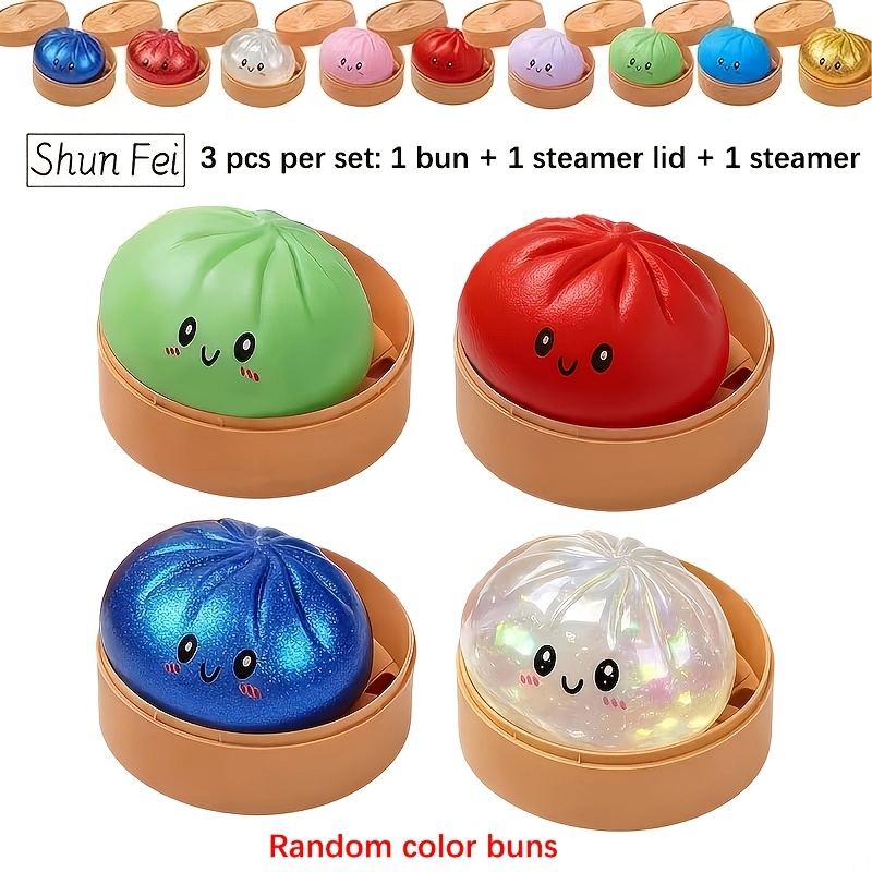 shui fei kids multi item party favor packs random color set 3pcs per set 1 bun 1 steamer lid 1 steamer base cute stress relief soft bun stress ball kids dumpling soft toy sensory toy squeeze   fidget toy soft relax toy