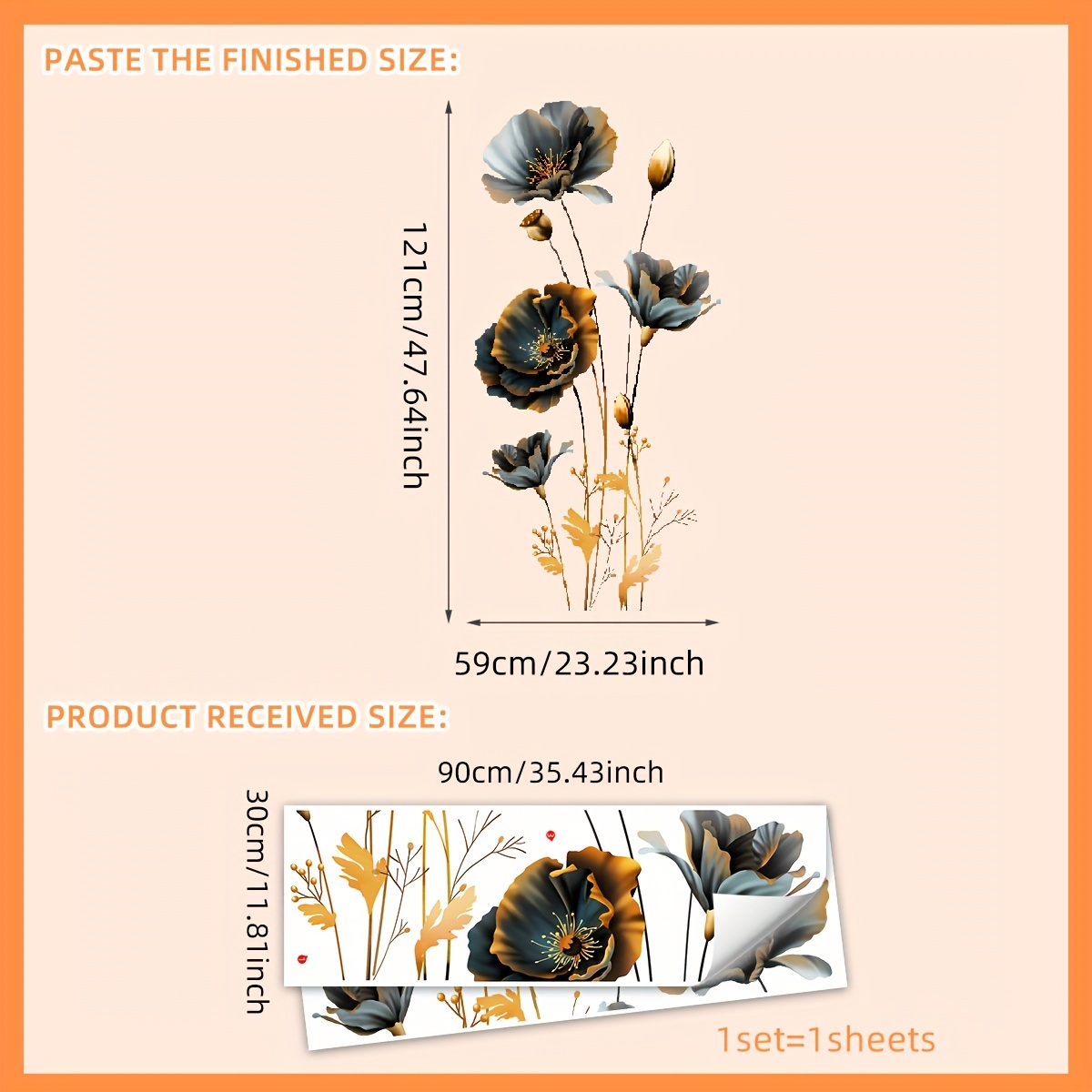 Image of Elegant Hand-painted Black & Golden Floral Wall Decals - Contemporary Matte Pvc, Removable & Reusable Self-adhesive Stickers For Living Room & Bedroom Decor
