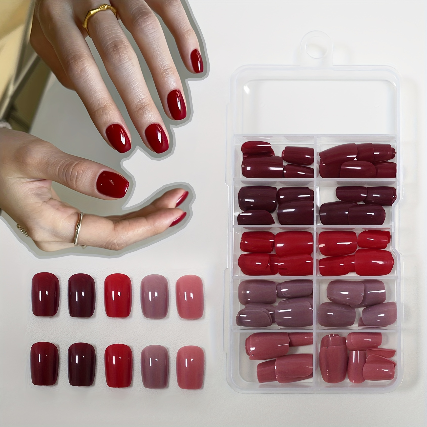 

Yeses Press On Nails Set - 140pcs Mixed Red Tones, Short Square Shape, Pure Color, Glossy Finish - Versatile Wear Combination Pack