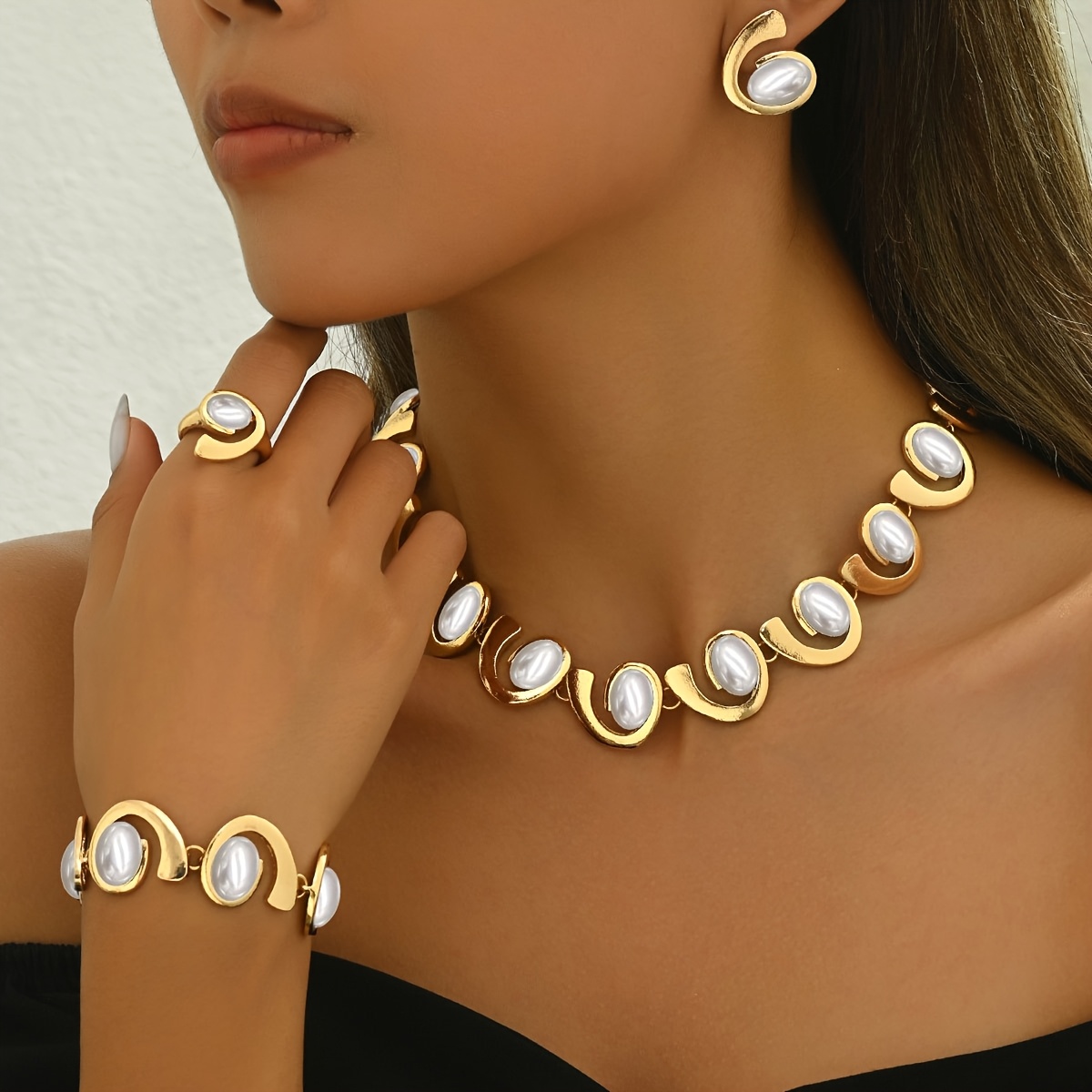 TEMU 5pcs Women's Elegant Retro Acrylic Set - Multi-geometric Spiral Inlaid Necklace, Bracelet, Earrings & Ring For Daily Wear, Gift Suitable For ,