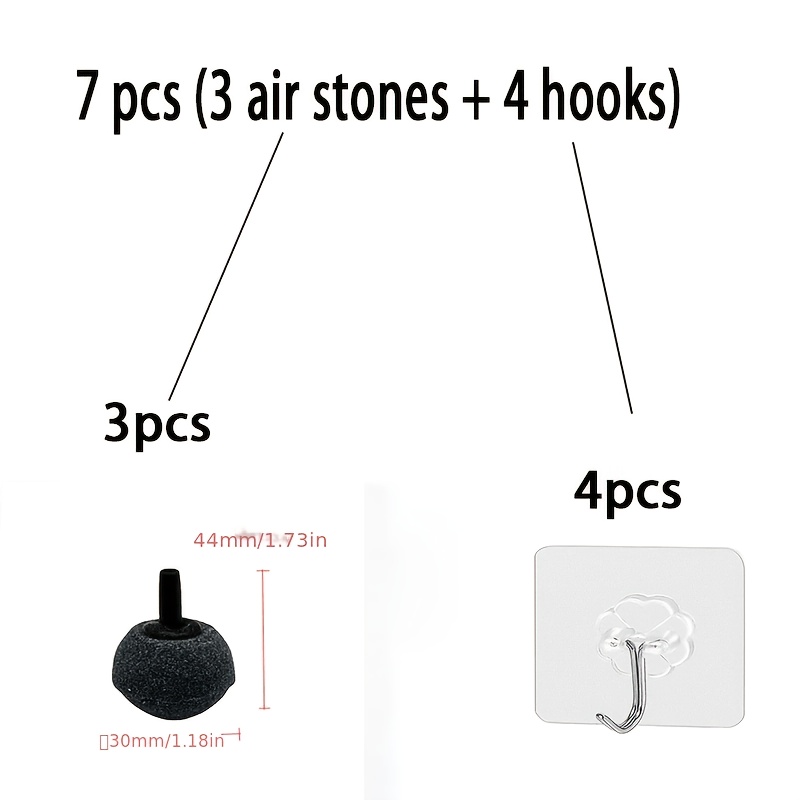 TEMU 7pcs (3 Air Stones + 4 Hooks) Spherical Bubble Diffuser System - Battery-free Oxygen Aerator Stone Suitable For Aquarium Fish Tank, Pond,