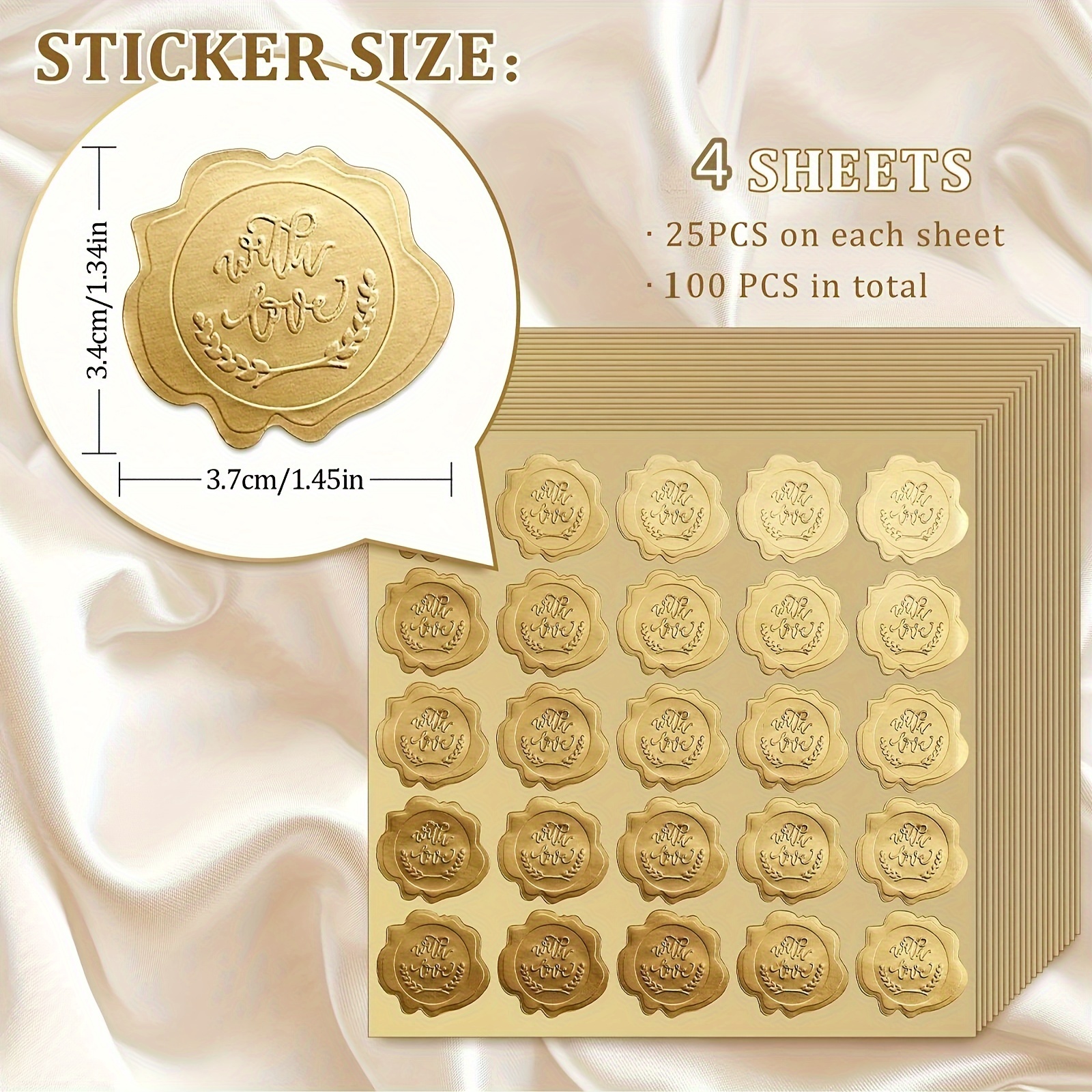 100pcs Golden Embossed Love Wax Seal Stickers - Self-adhesive Foil Envelope Labels For Wedding Invitations, Party Favors & Gift Packaging