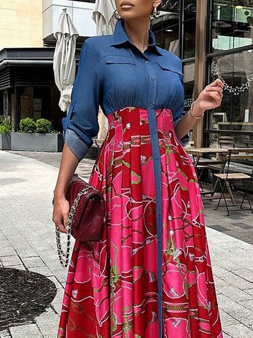 womens floral print denim shirt dress flowy a line with roll up sleeves lapel collar button front vibrant red high waisted length fall fashion denim dresses