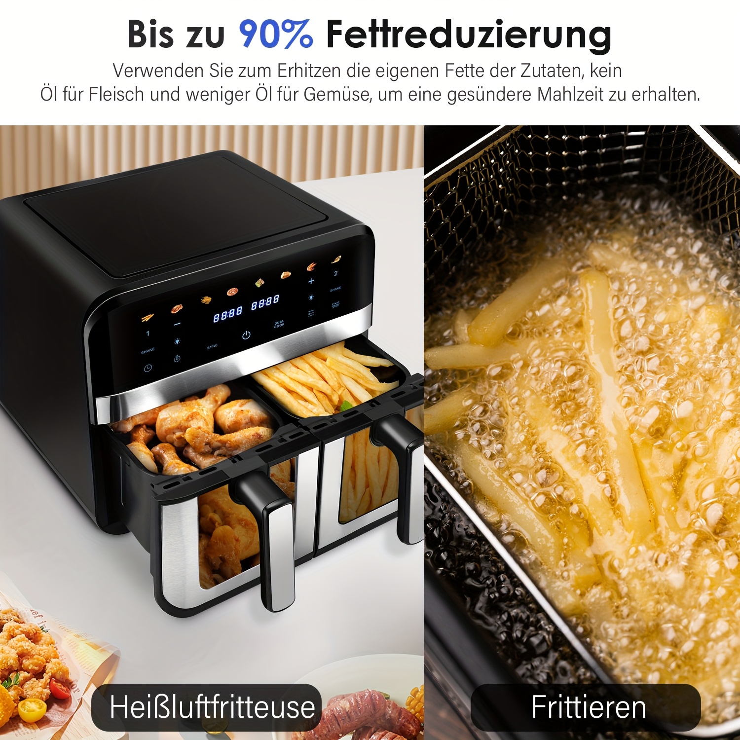 Фритюрница с въздух с две врати 4.5L + 4.5L (9L) 2400W, 8 предварително зададени режима, 80-200°C, сензорно управление, таймер за 60 минути, топлоустойчив корпус от ABS с предна част от неръждаема стомана, черна