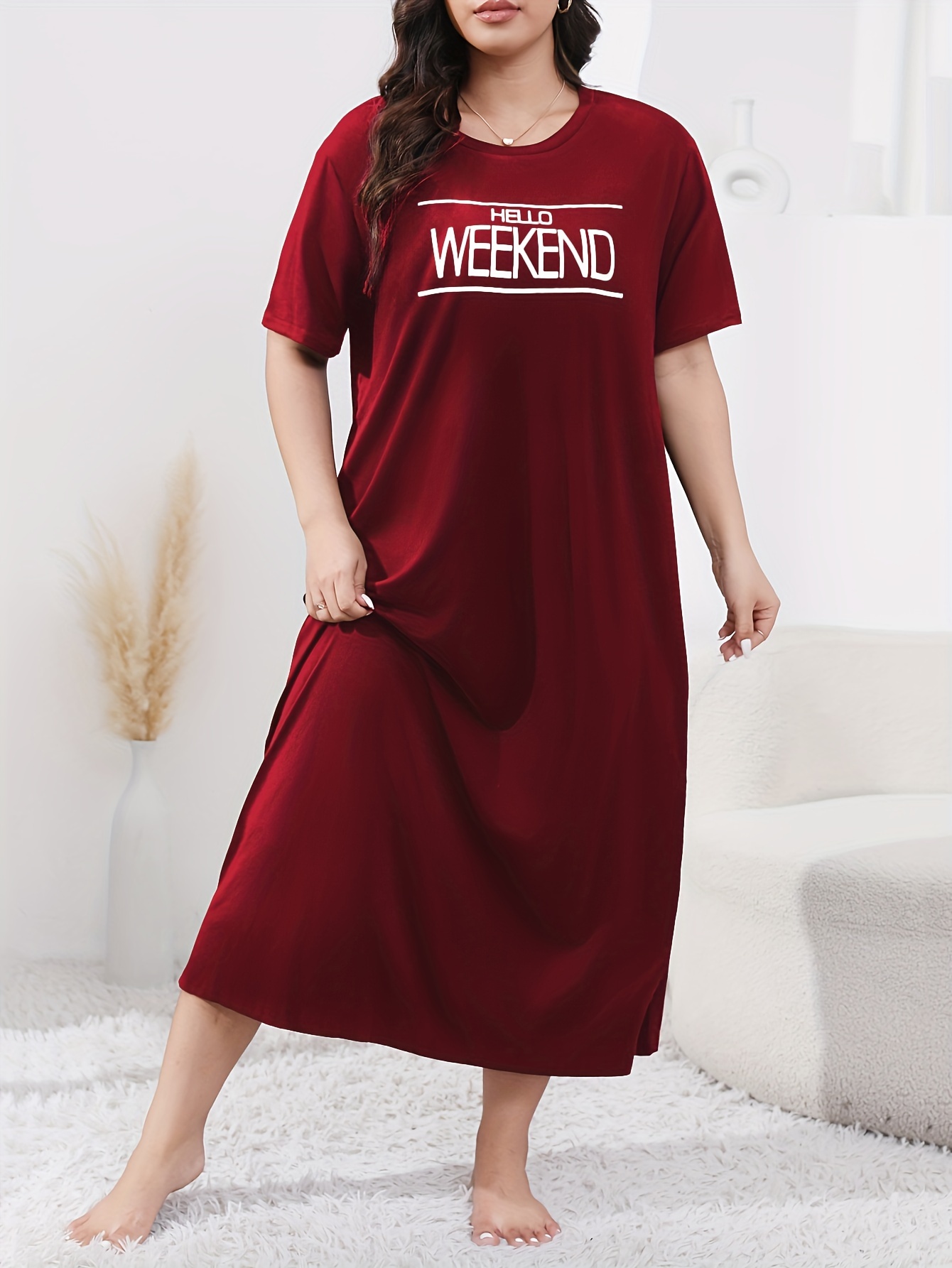 Women's Plus Casual Lounge Dress, Plus Size Slogan Print Short Sleeve Round Neck Sleep Dress