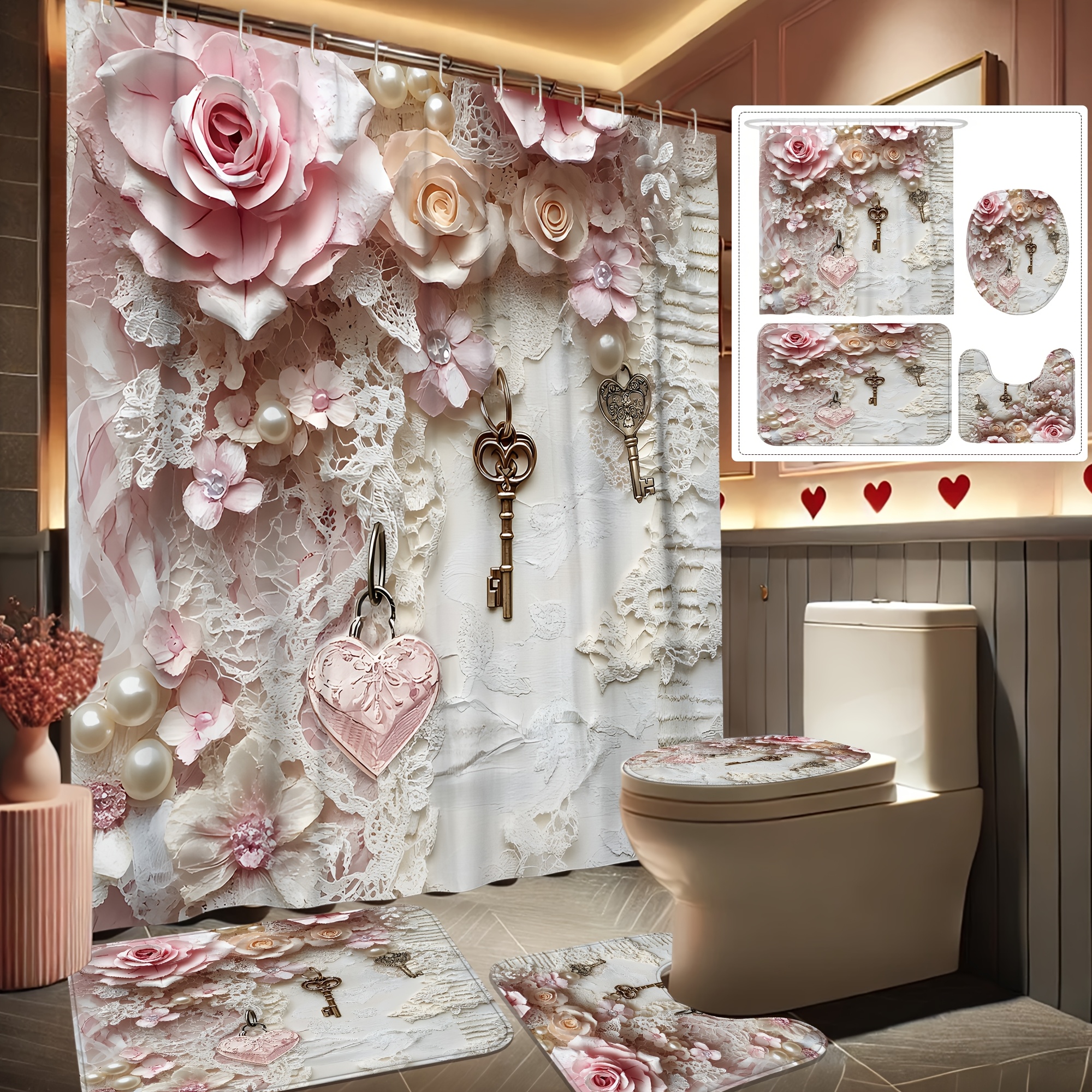 

1/4pcs Happy Valentine's Day Decoration Shower Curtain Set Rose Heart 2d Print White Shower Curtain Washable For Bathroom Shower Ornament Gift Home With 12 Hooks Non-slip Bath Mat Toilet Lid Cover Mat