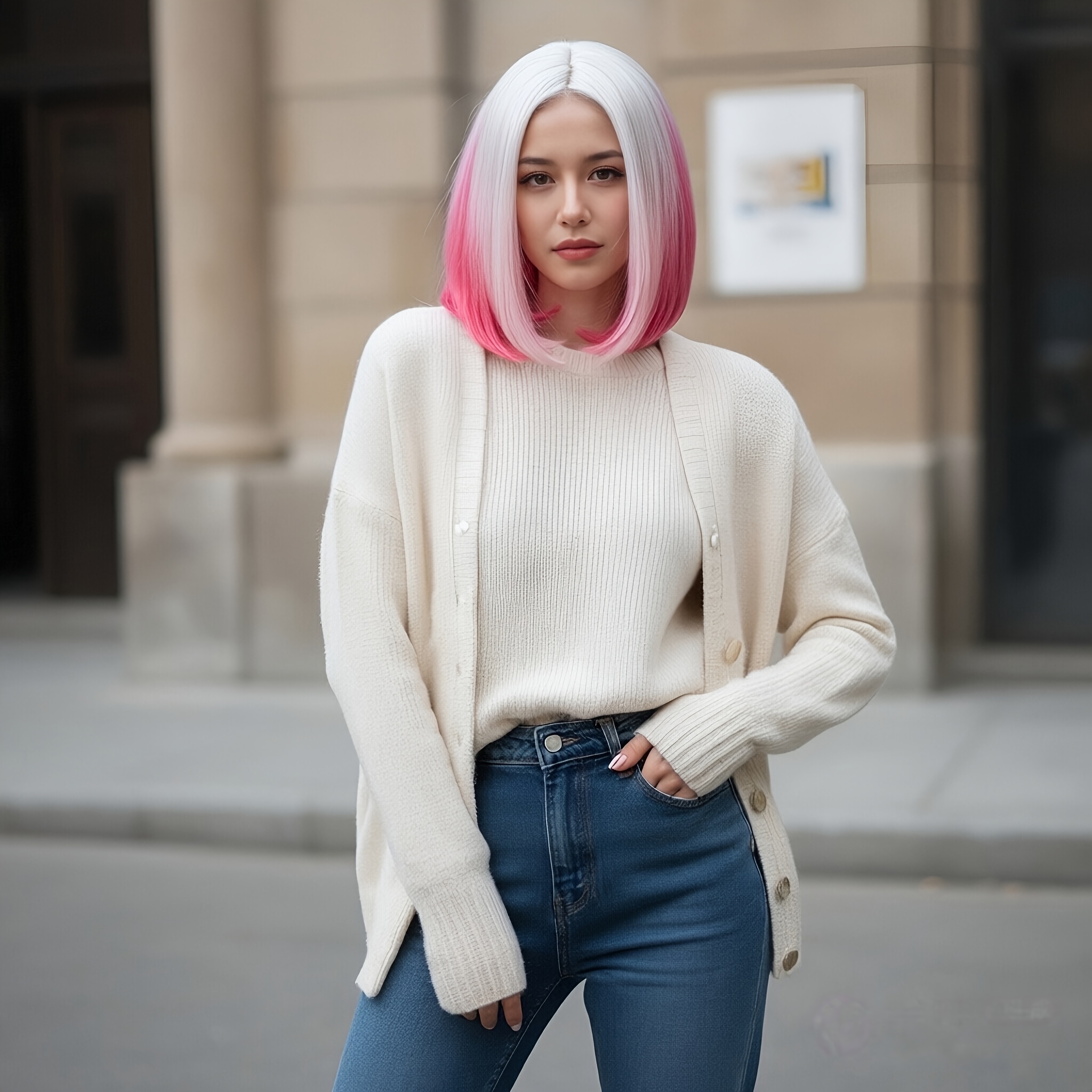 Ladies Wig White Gradient Short Hair Headgear Middle Part Fake Hair