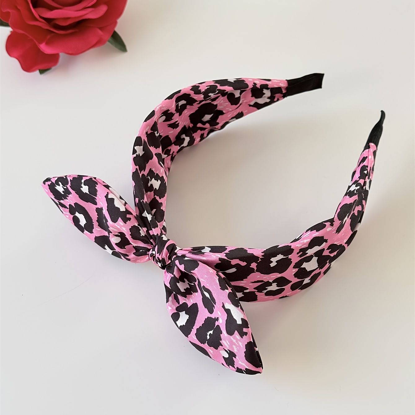 TEMU 1pc Women's Elegant Leopard Print, Heart, Rose, And Floral Ear Wide-brim Knotted Headband, High Crown Accessory, Suitable For Photography,