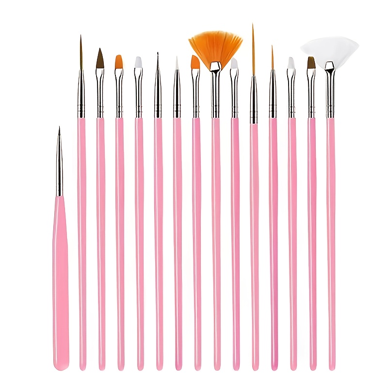 TEMU Set di pennelli per nail art da 15 pezzi, 15 pezzi/confezione per pennelli a e pennelli liner per unghie, rosa per set di pennelli per unghie F