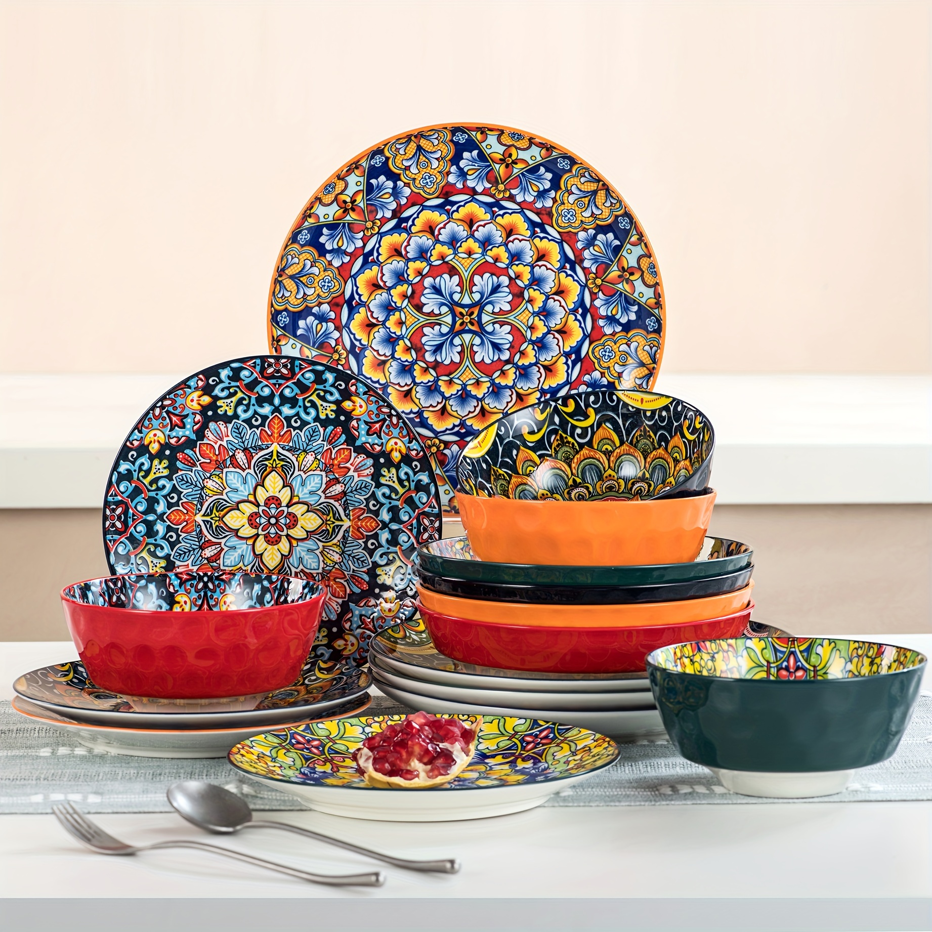 Image of Dinner Sets For , Simi 16pcs Dinnerware Dish Set Artisanal Pieces, Boho Colourful Tableware, Microwave And Dishwasher Safe