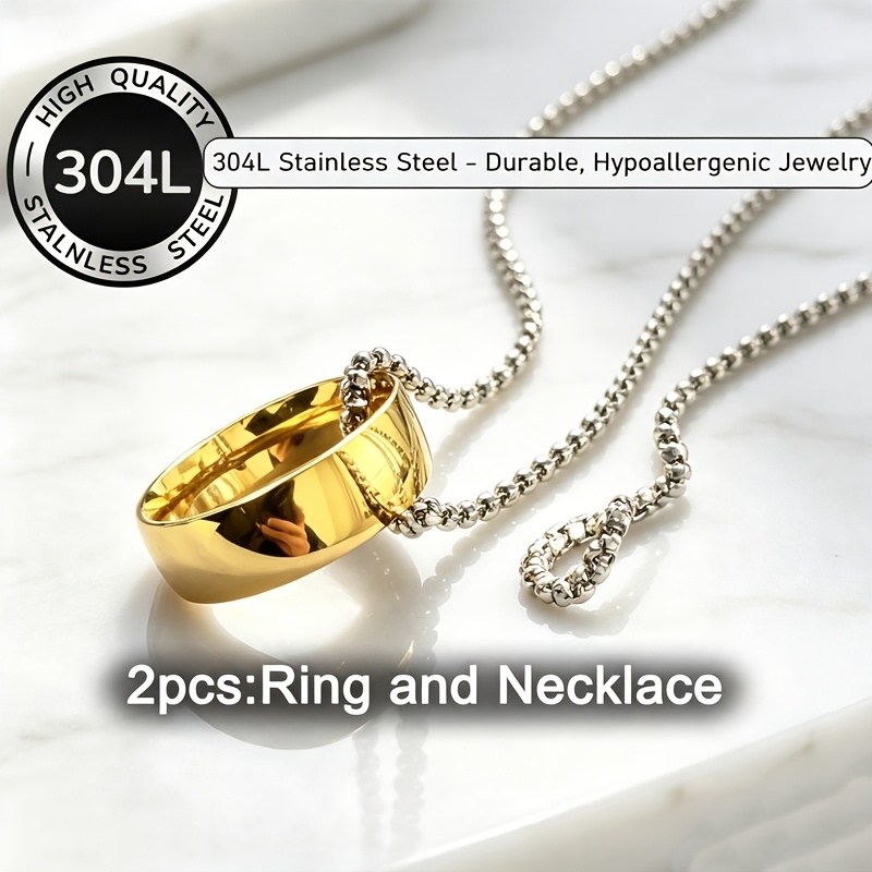 Men's Golden Ring and Silvery Chain Necklace Set