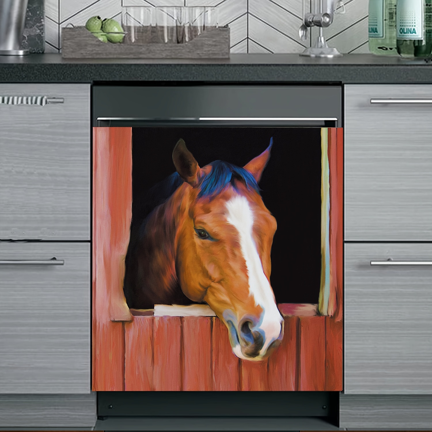 Vinyl Horse Head Dishwasher Magnet Cover - Decorative Magnetic Panel Decal For Kitchen Appliances, Dishwasher-safe, Easy Apply, Removable - Portrait Orientation, Rectangle Shape (1-pack)