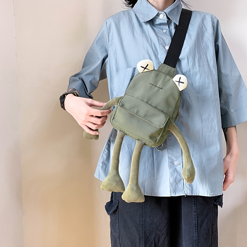 Bolsa bandolera de rana para mujer, diseño de rana de dibujos animados, bolsa bandolera casual de nailon con cierre de cremallera, color sólido, bolsa de pecho versátil para uso diario, lavado a mano/limpieza en seco, opciones verde y rosa