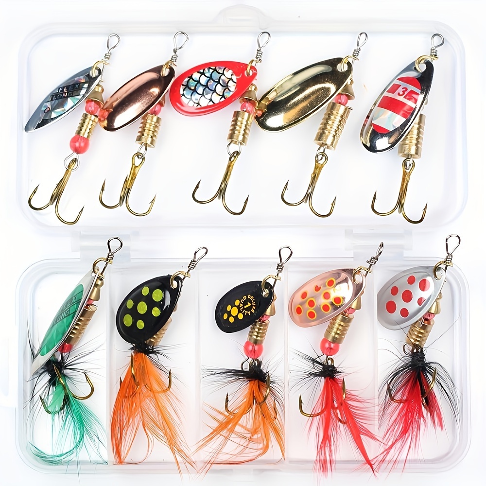 TEMU 10pcs/box Fishing Lure Spinnerbait With Feathered Treble Hooks Rooster Tail Fishing Lures Spoon Lures For Bass Salmon Trout Spinner