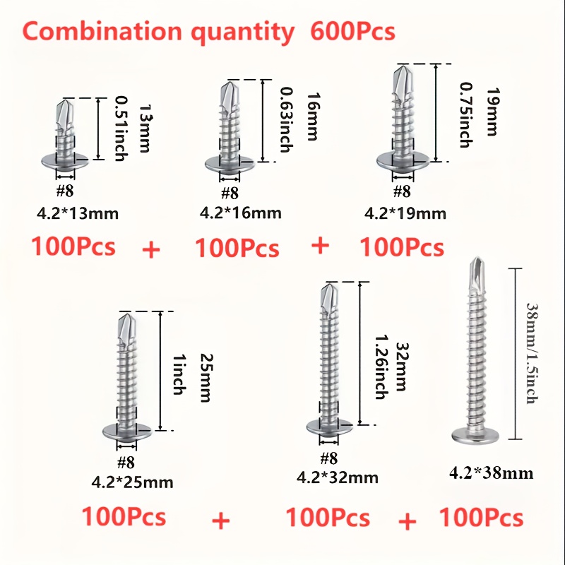 TEMU 600pcs Combination Kit Tek 410 Stainless Steel Truss Head Self-tapping Screws, #8 Round Head Large Self-drilling Screws, For Metal/furniture, 6