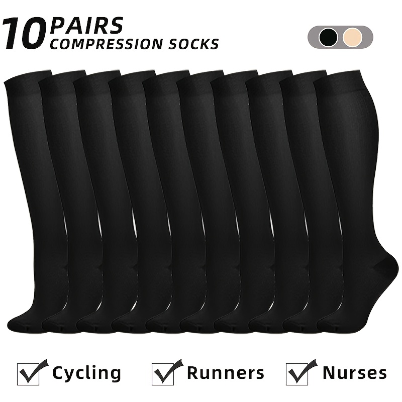 TEMU 10-pair Pack Unisex Graduated Compression Socks (15 Mmhg) Designed For Running, Hiking, Cycling, And Travel
