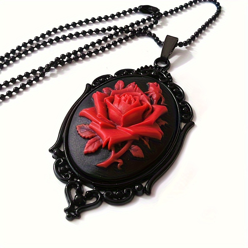 

Vintage Black And Red Rose Embossed Thorns Decorative Necklace, Gothic Pendant Accessory, Elegant Style For Women