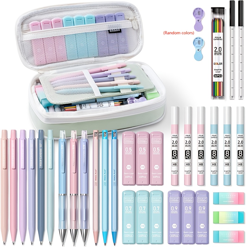 TEMU QuatreCandies 36pcs Esthétique, Crayons Mécaniques 0.5mm, 0.7mm, 0.9mm & 2.0mm avec 624pcs Recharges de Plomb, Jolis Crayons Mécaniques pour