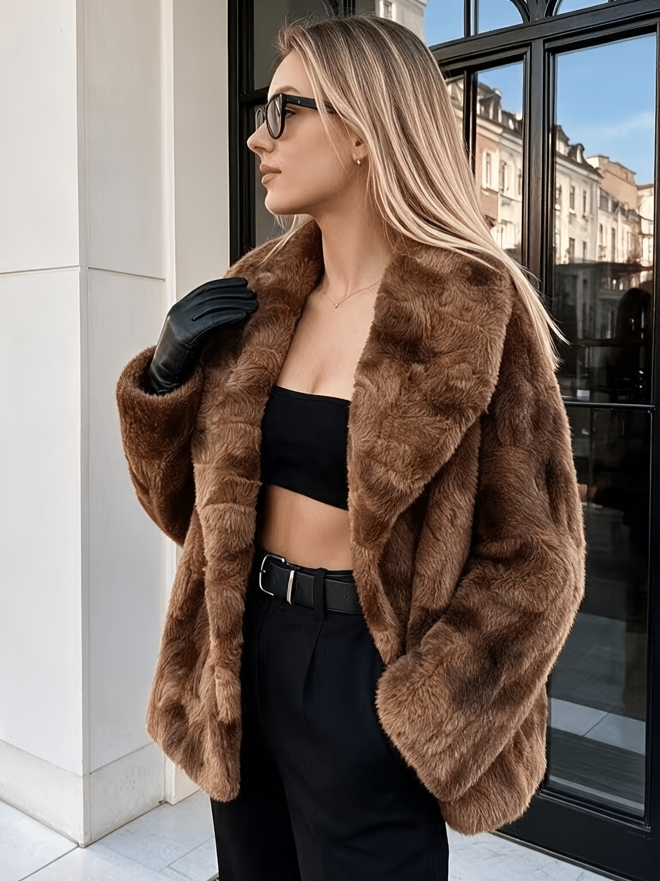Artikelbild elegante damen-jacke im französischen stil – warmer winter-reversmantel mit h-linien-silhouette & kunstkragen/-manschettenbesatz, maschinenwaschbare, lang geschnittene oberbekleidung für freizeit/formelle anlässe, herbst/winter- 