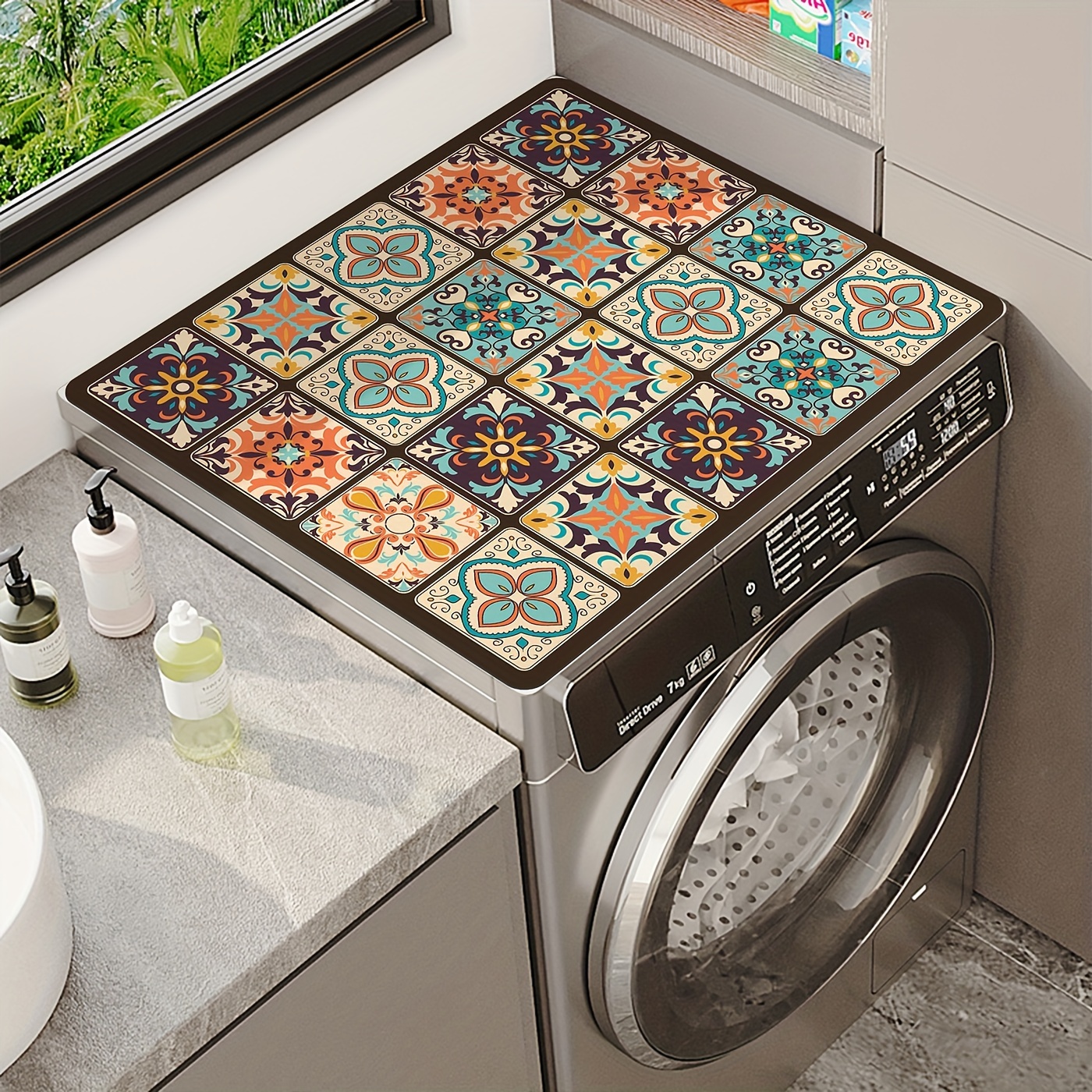 

1pc Vintage Tile Print Absorbent Mat, 60x50cm Waterproof Washing Machine Dust Cover, Non-slip Protective Top Cover Pad