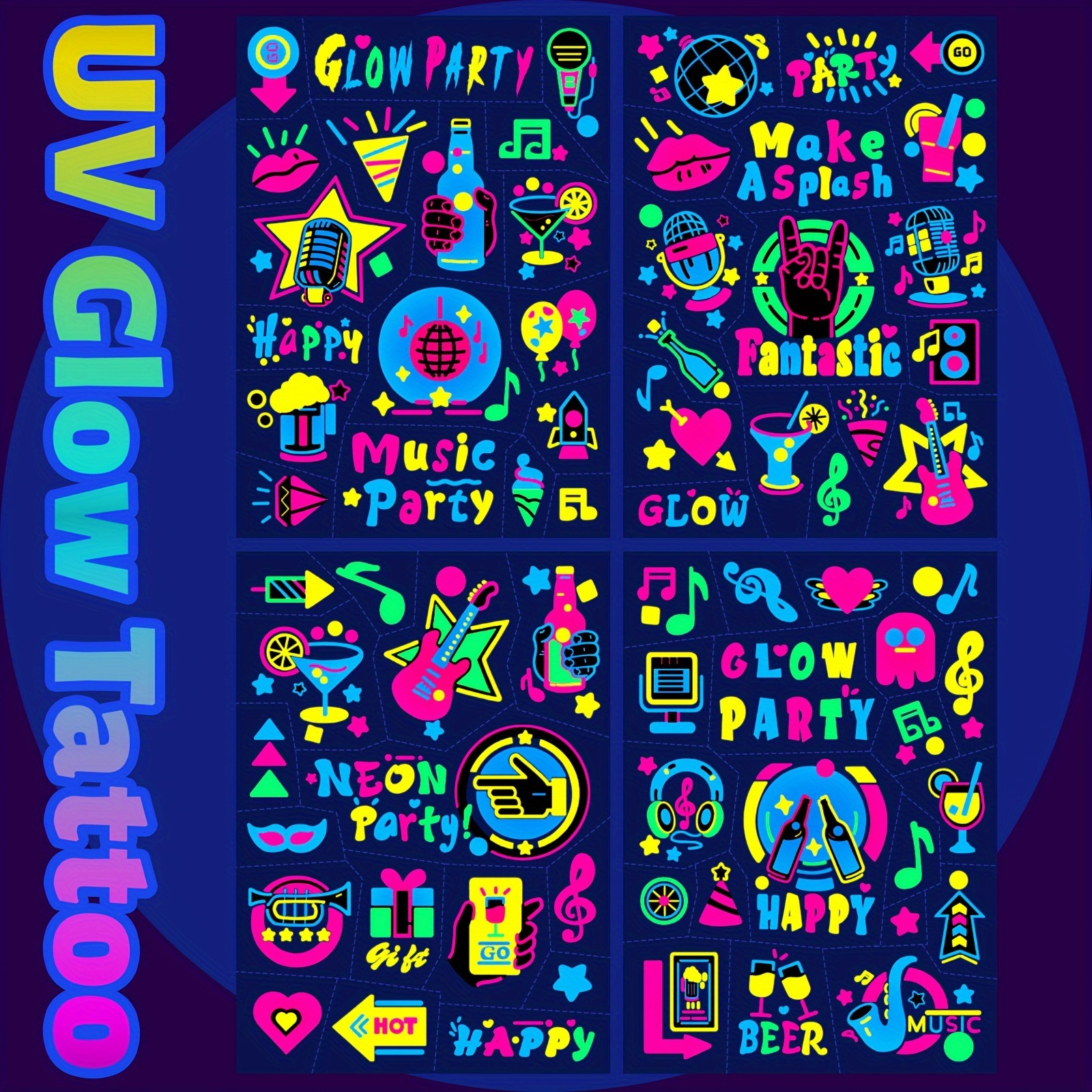 Image of Light Up The Party! Rave & Music Festival Survival Kit: 120pcs Glow In The Dark Temporary Tattoos - Waterproof Body Art For | & Unique Gift Idea