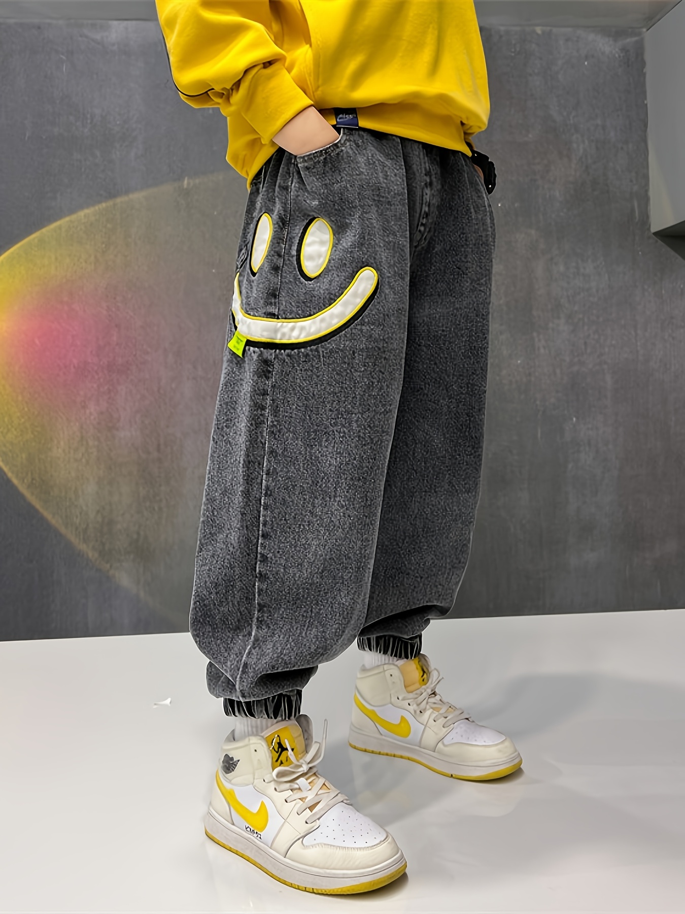boys retro geometric print denim style pants with elastic waistband   ankle loose fit casual trousers machine washable     for big kids 4
