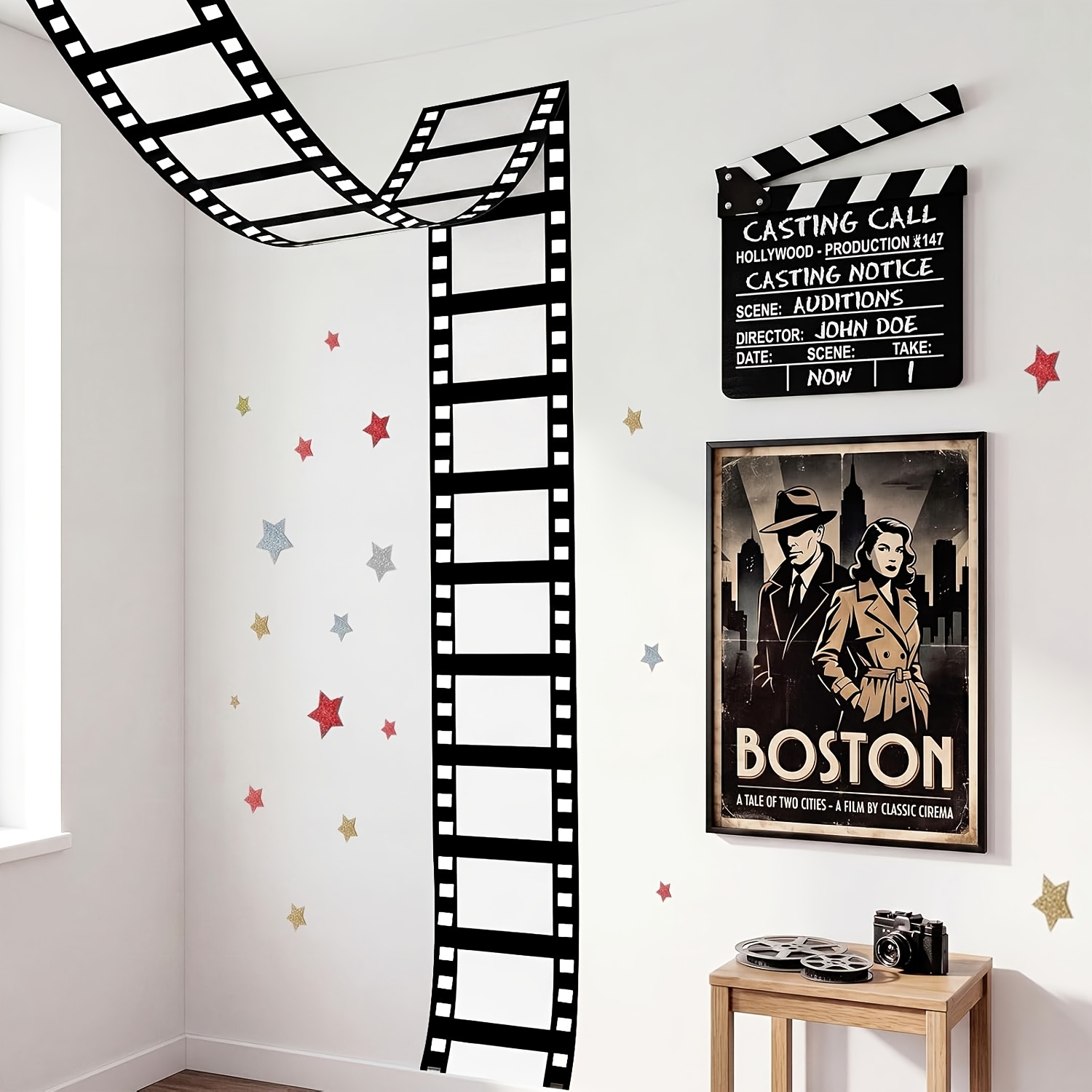 TEMU Filmstrip Tape Banners Movie Themed Party Decorations Black And White Film Reel Porch Sign Fabric Movie Night Prop Backdrop Home Theater Decor