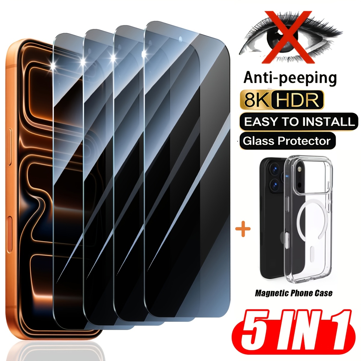 TEMU 4pcs Tempered Glass Privacy Screen Protector & 1pc Magnetic Transparent Phone Case For Iphone 17 18 Pro 15 Plus 16e 14 13 Pro Mini 11 Full