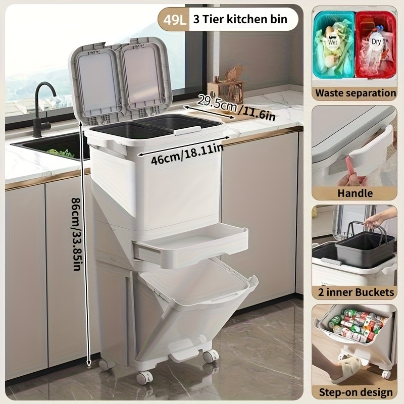 E-shop 49L Küchenmülleimer mit zwei Fächern und Fußpedal - Robuster Schrittbehälter, geruchsdichter Deckel, separate Fächer für nasses/trockenes