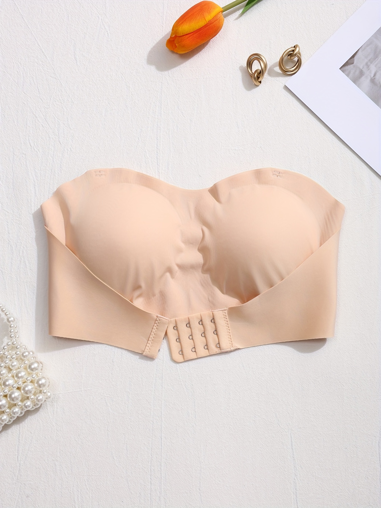 Elegant Solid Color Seamless Strapless Bralette - Removable Pads, Wireless, No Underwire, Adult Size, Stylish Beige with Crystal Detail, Perfect for Everyday Comfort, Comfort Bra|Seamless Bralette|Wireless Bra
