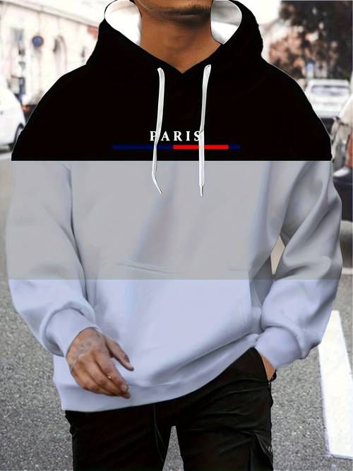 mens casual paris letter print hoodie black white stretchy polyester long sleeve sweatshirt for fall winter streetwear comfortable pullover with front pocket