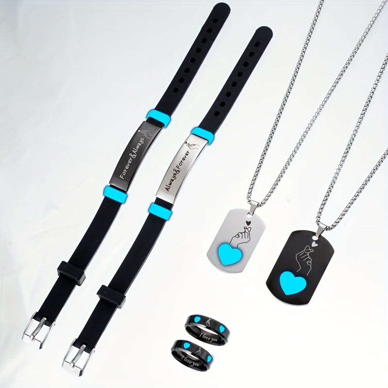 6pcs Hook Stainless Steel Couple Necklace Bracelet Ring Set - Romantic Gift For Women, , Daily Wear, Gift For Couples|romantic Gift Set|durable Jewelry