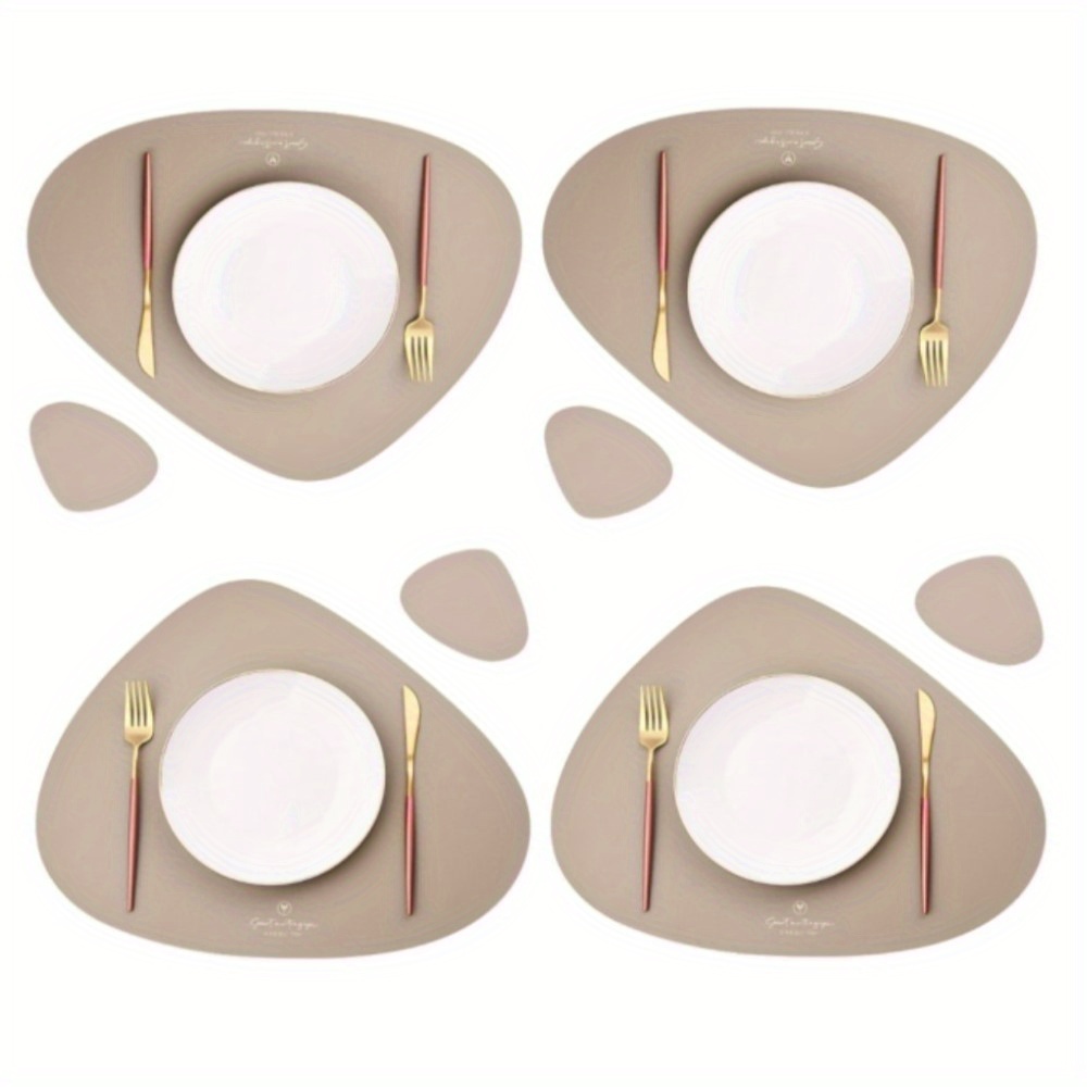 Image of 8pcs Set (4 Placemats + 4 Coasters) - Wedding Table Placemats And Coasters, Party Decor Placemats, Holiday Gift Placemats, Light Gray, Khaki
