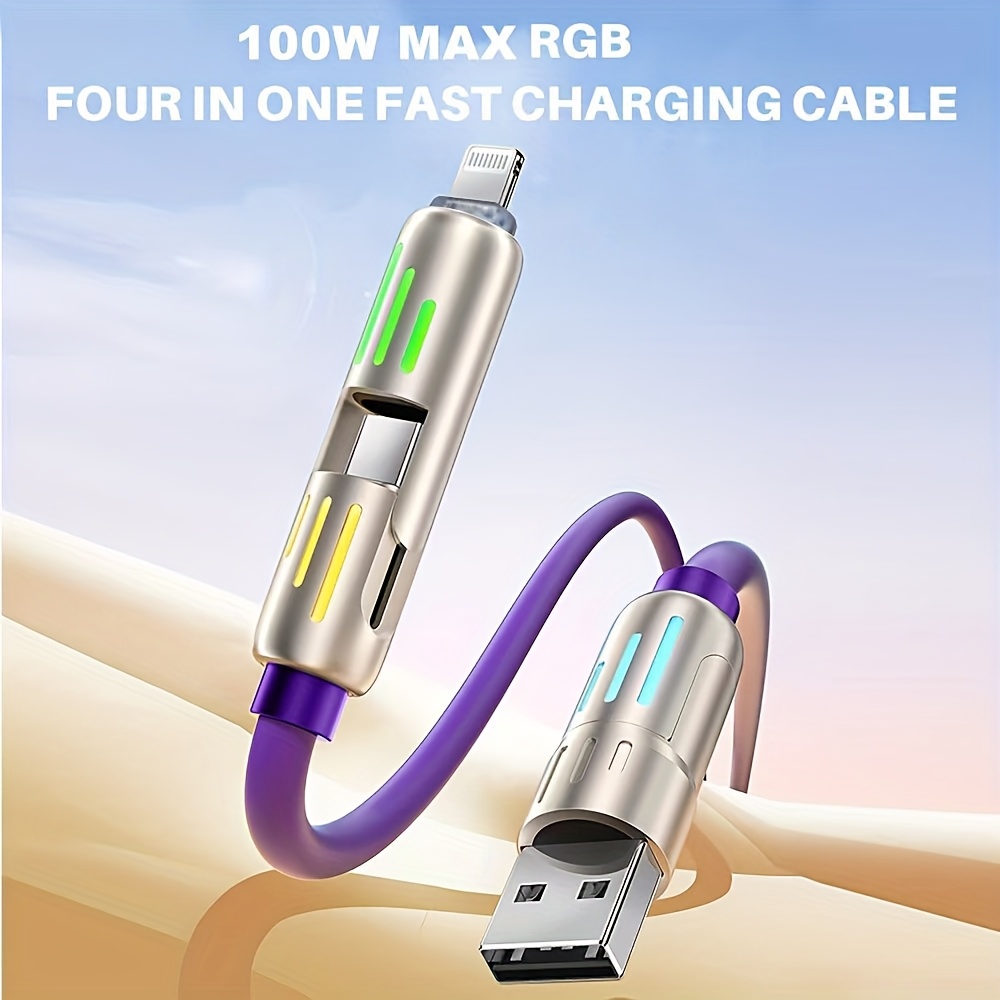 100W Max 4-in-1 USB-C Cable, PD Super Fast Charging and Data Synchronization, Silicone Material, Multi-Port Charging with Ccolor Light, Suitable for iPhone, for MacBook, for iPad, for SamSung, Xiaomi