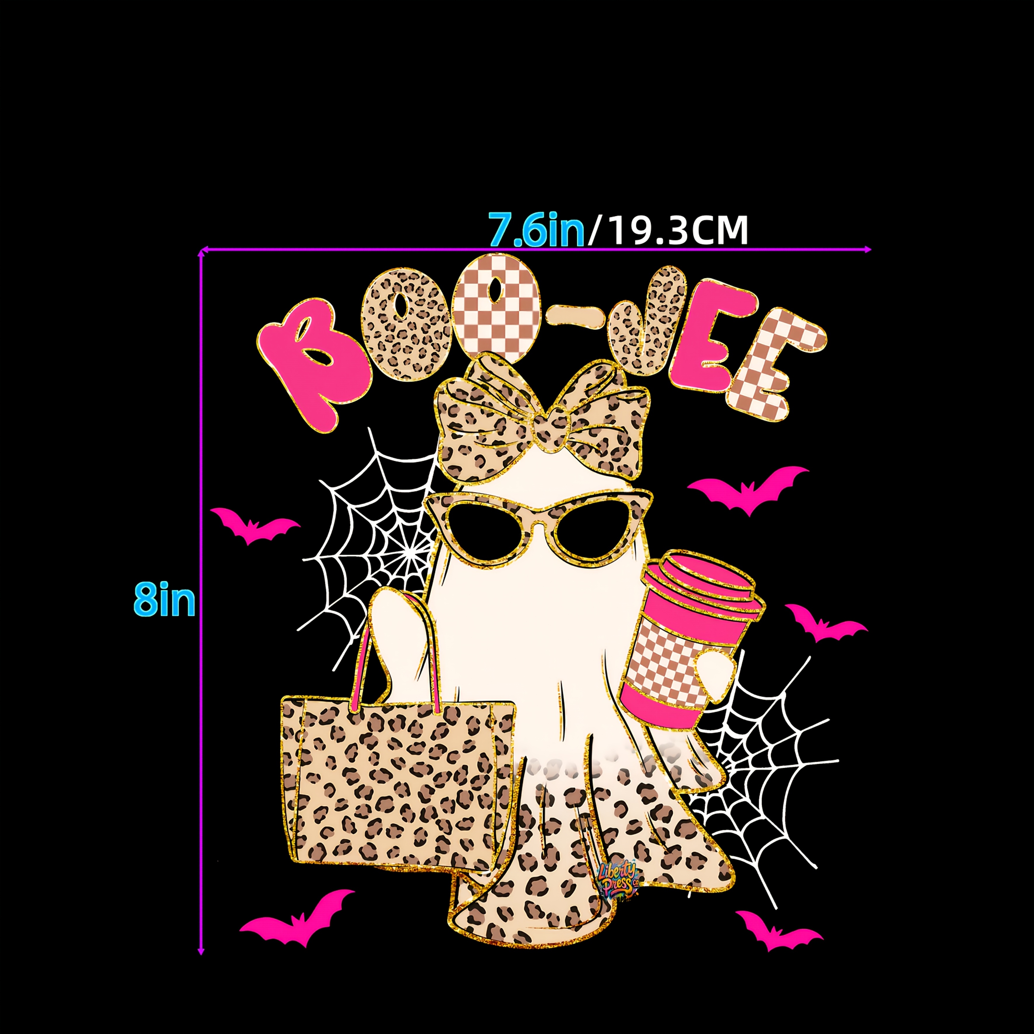 TEMU Boo-jee Dtf Heat Transfer Sticker - 8-inch Cute Leopard Print With Fashion Glasses, Coffee, And Handbag, Bat And Spiderweb Iron-on Vinyl Patch,