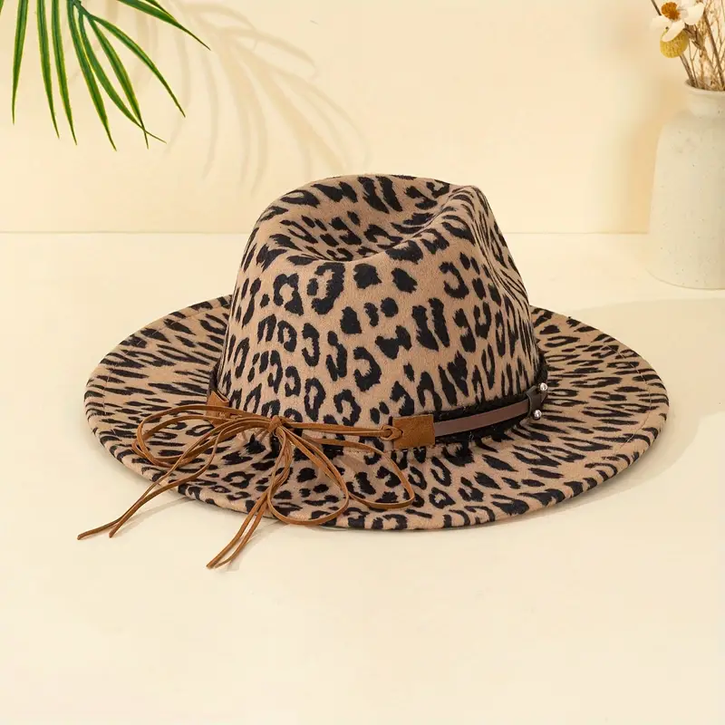 unisex leopard print hat with detachable bull head brown faux leather rivet detail vintage fashion flat brim felt hat all season accessory ideal for daily outings outdoor leisure sun protection festive gifts party fashion details 4