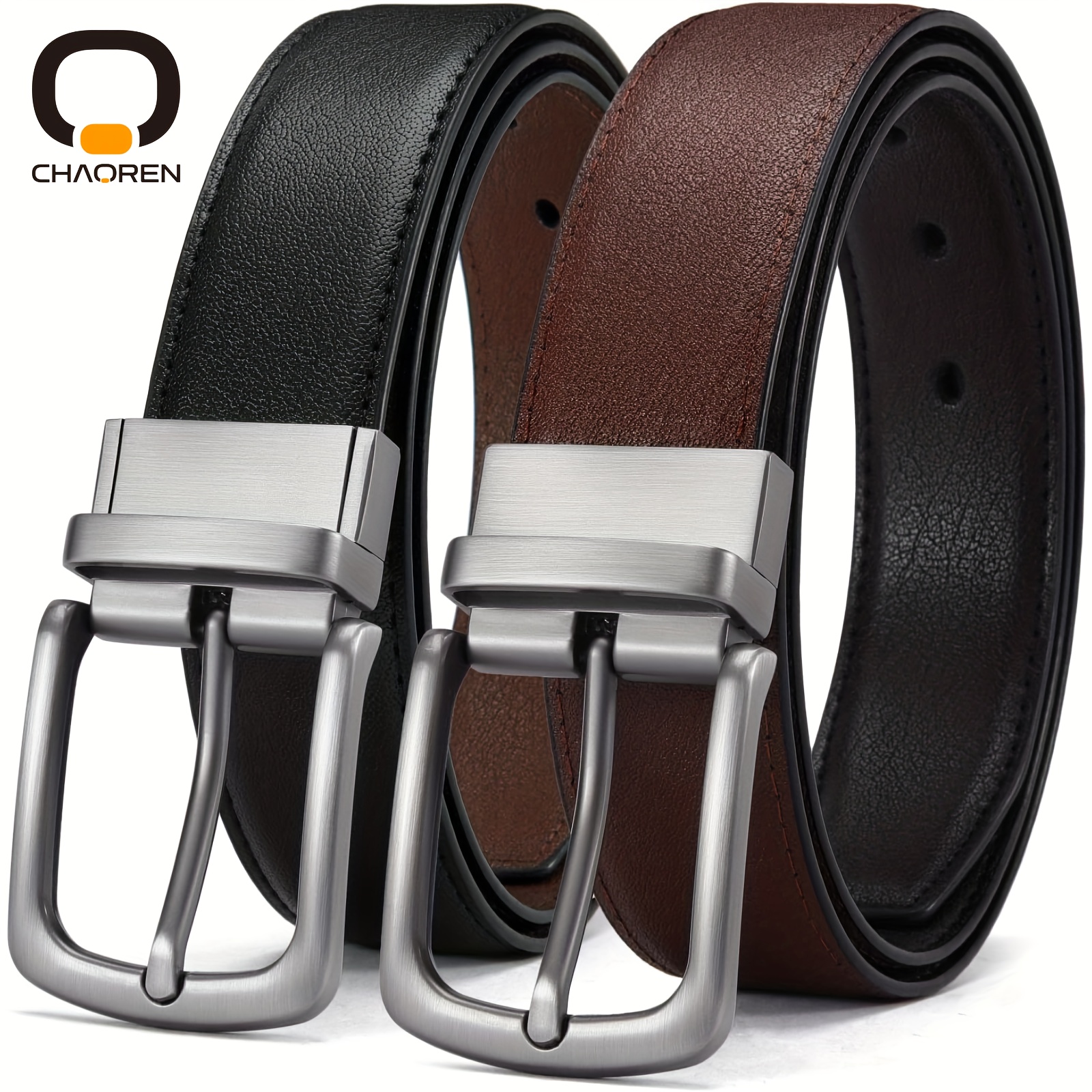 

1pc Chaoren Leather Reversible Belt For Men, 1 3/8" For Dress Pants - 2 Styles In 1 Belt