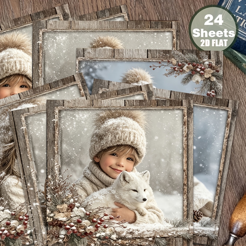 TEMU 24 vellen van 6x6 inch vintage koelgrijs-beige 2D plat decoratief plakboekpapier met winterscène-tinten, houten lijsten, poederachtige sneeuw,