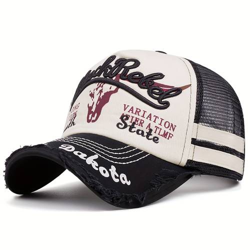 new outdoor sports comfortable all match pattern mesh baseball cap mens spring summer fashion contrast letter embroidery duckbill cap net cap hip hop street style long brim hat for daily wear