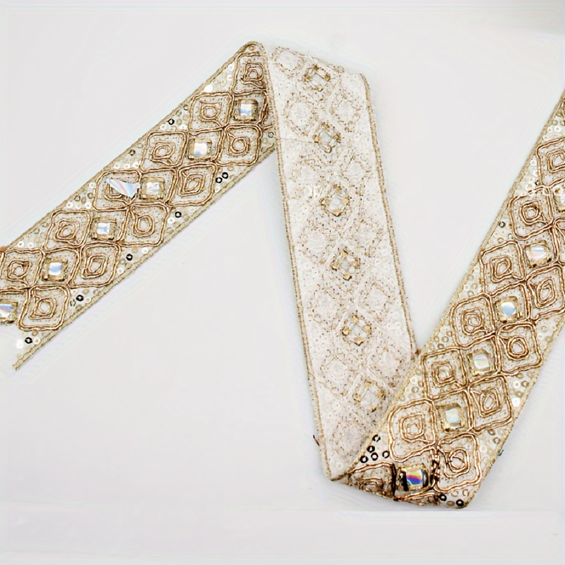 1pc 1 Yard Gold Thread Ethnic Lace, Wide Diamond Sequin Embroidery For Diy Decoration, Mixed Colors, Diy Sewing Accessories