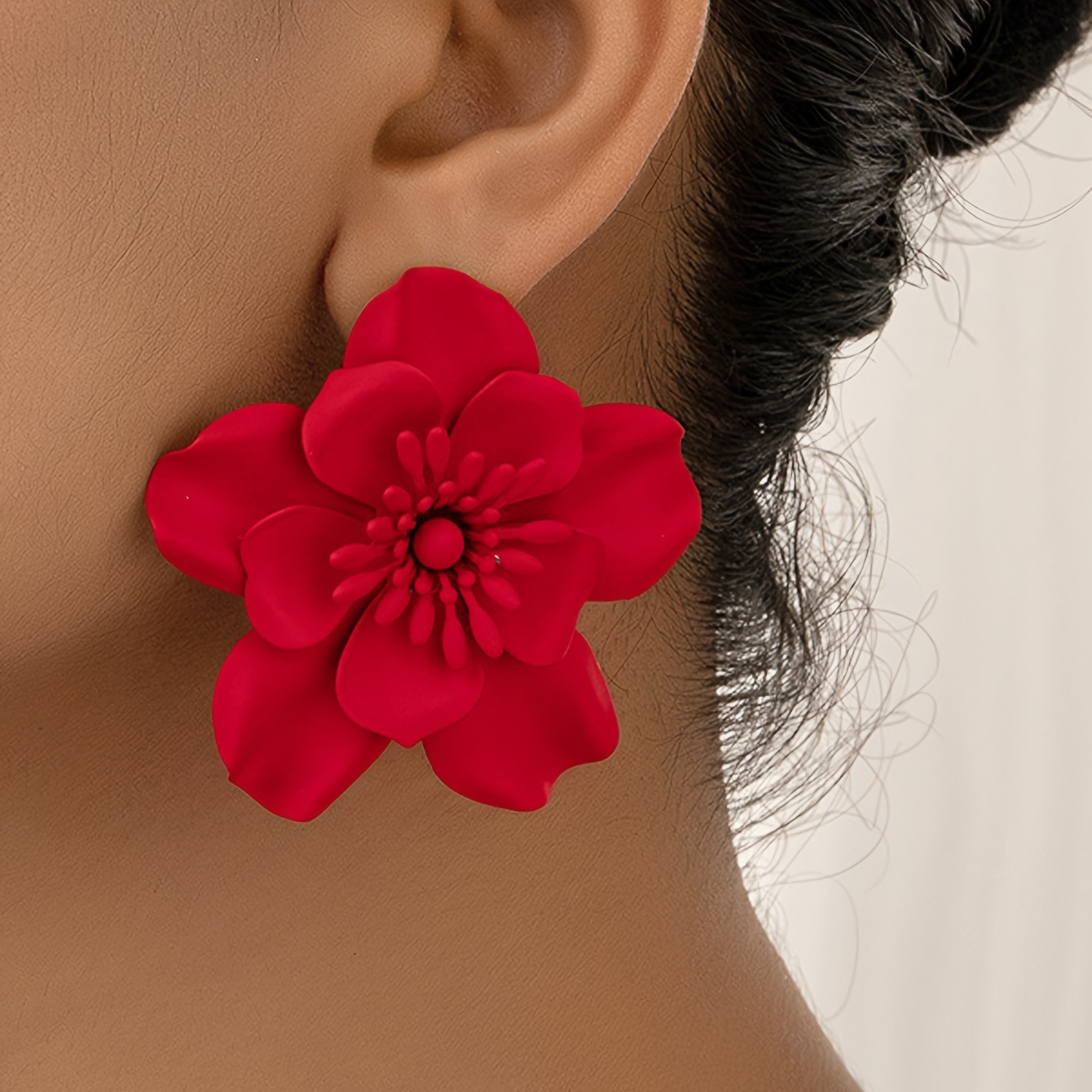 Image of Elegant Camellia Flower Large Stud Earrings, Metal, For Women - Perfect For Vacation, Parties, Birthdays, And Daily Wear