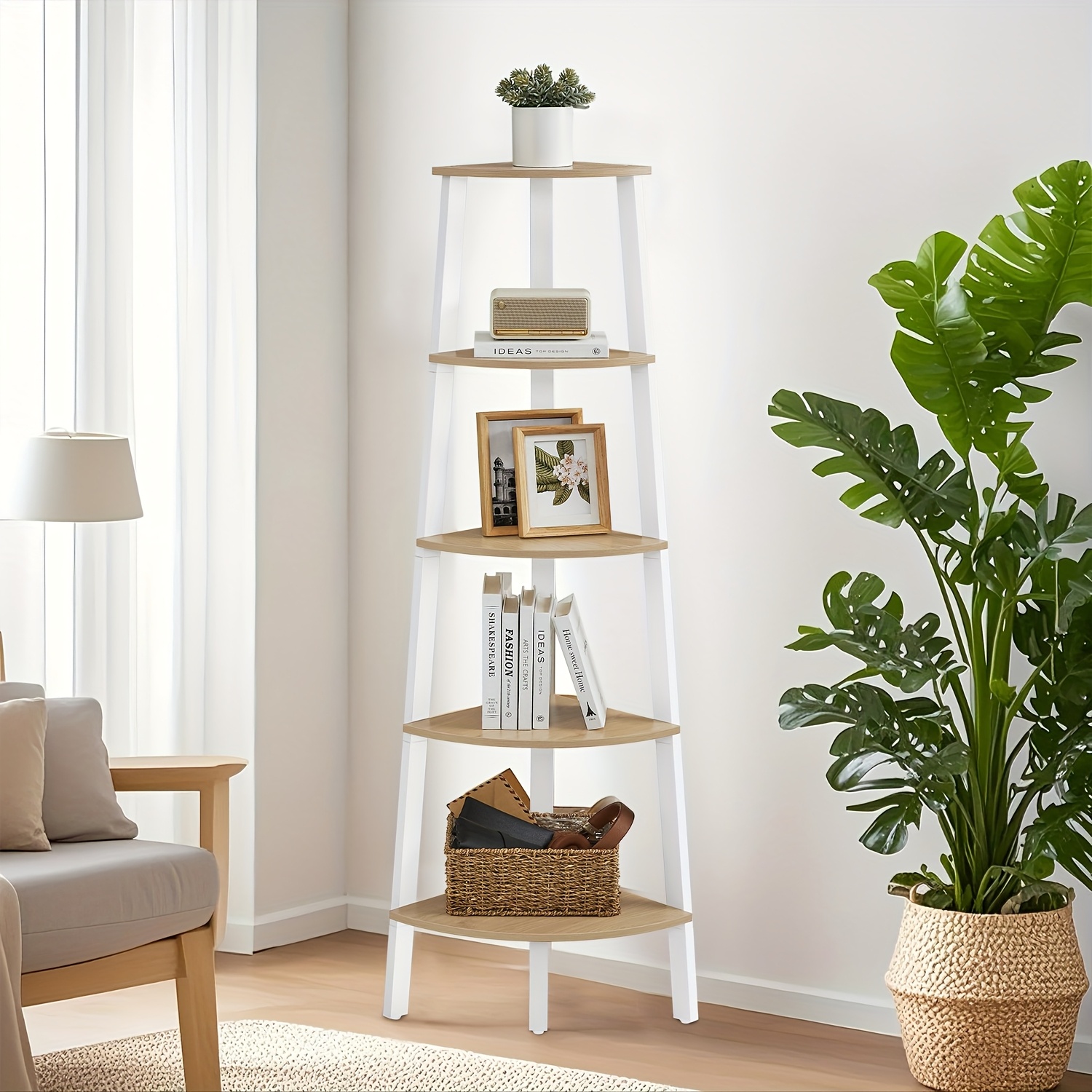Corner Shelf Unit, 5-tier Corner Shelf, Ladder Shelf For Living Room, Bookshelf Or Plant Stand, Industrial Accent Furniture