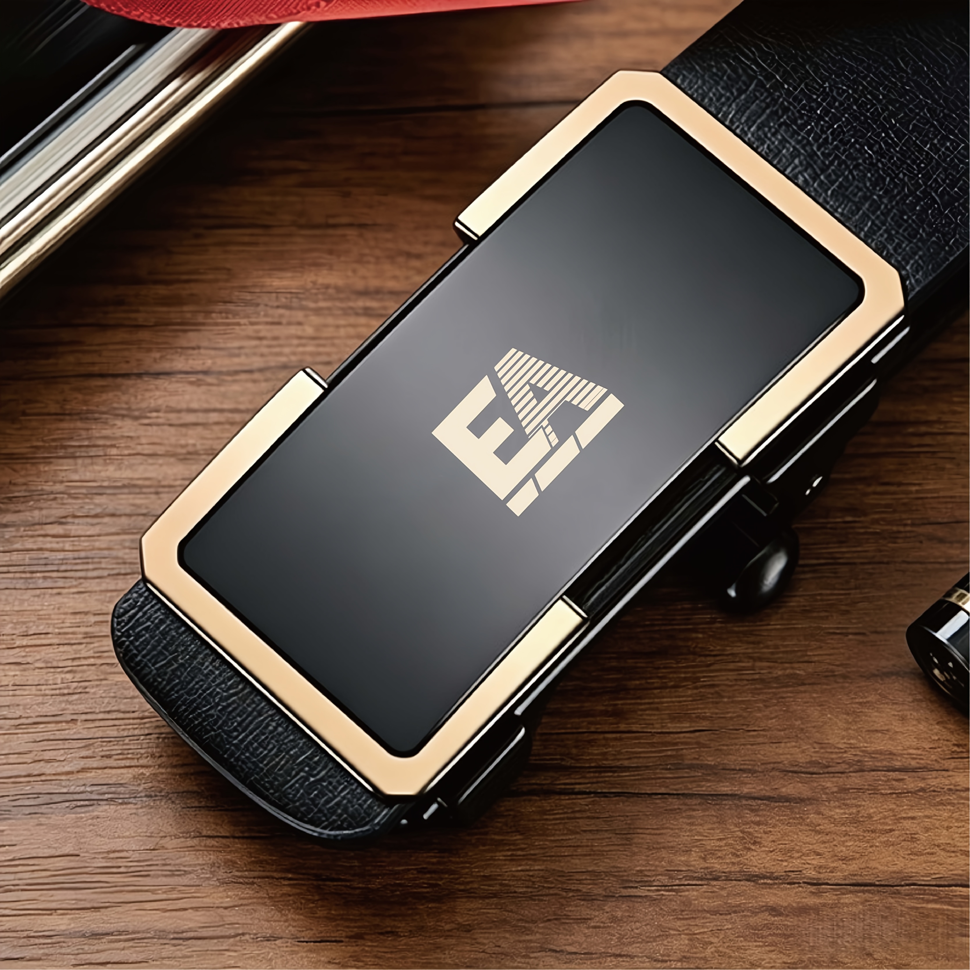 TEMU Ea Pattern Men's Business Belt, One-button Opening And Closing, Alloy Automatic Is Responsive; Body Is Stiff And Not Easily Deformed, Easily