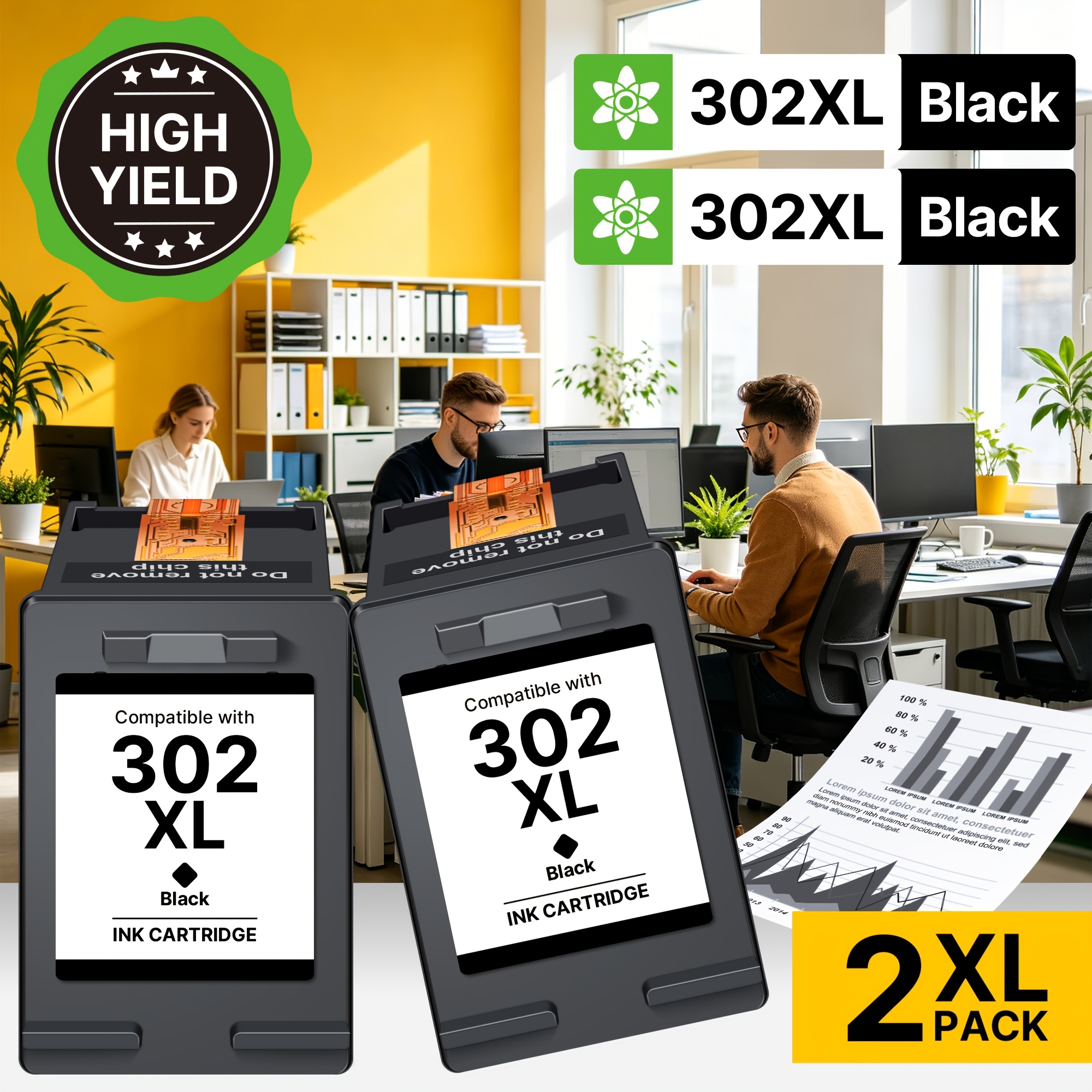 Image of 302xl Ink Cartridges High Capacity Replacement For 302 Xl Ink Cartridges For 4520 4522 4525 4527 3830 3831 3833 3834 4650 2130 3630 3636 3639 1110 (2-pack, 2 Black)
