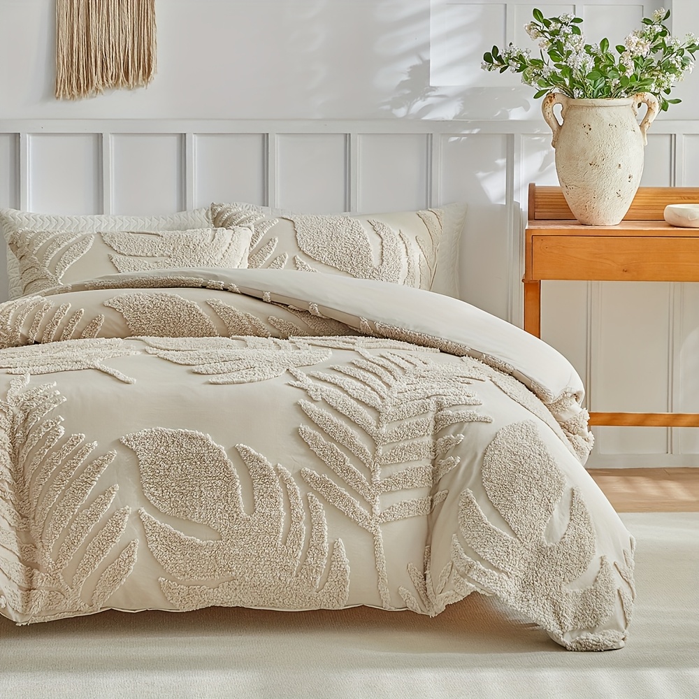 3D Leaf Pattern Duvet Cover Set 2/3pcs Set - High-Quality Tufted Craft, Distressed Style Washable Bedding, Soft Breathable Khaki Bedroom Decor, Multi-Size Available, All-Season Bedding