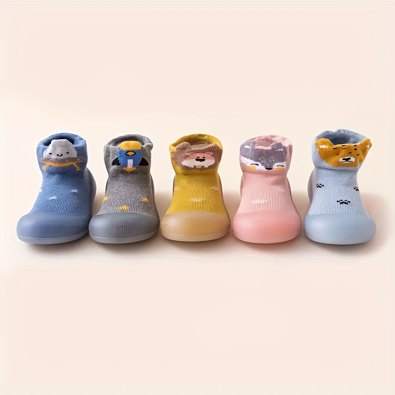 Adorable Cartoon Animal Slip-On Baby Sock Shoes - Cozy, Non-Slip Rubber Sole Walking Shoes for Newborns & Toddlers - Soft Fabric, All-Season Comfort in Blue, Yellow, Pink, & Brown, Toddler Shoes