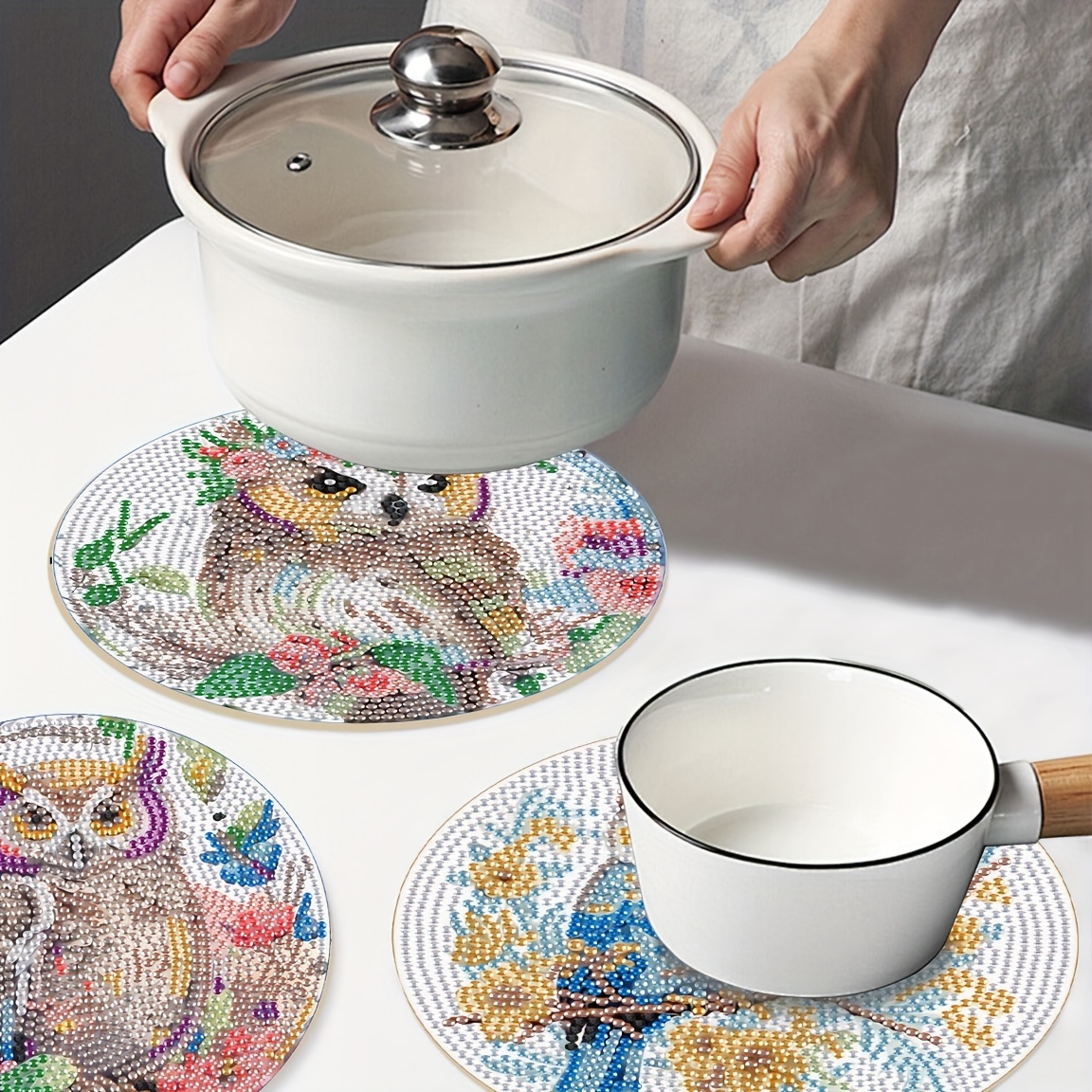 Image of 3pcs Set Of Diamond Paintings, 3d Cartoon Owl Animal Placemat Restaurant Ornaments Diamond Painting Kit, Painting Decoration, Suitable For Family Courtyard Bedroom Living Room Decoration Gifts.