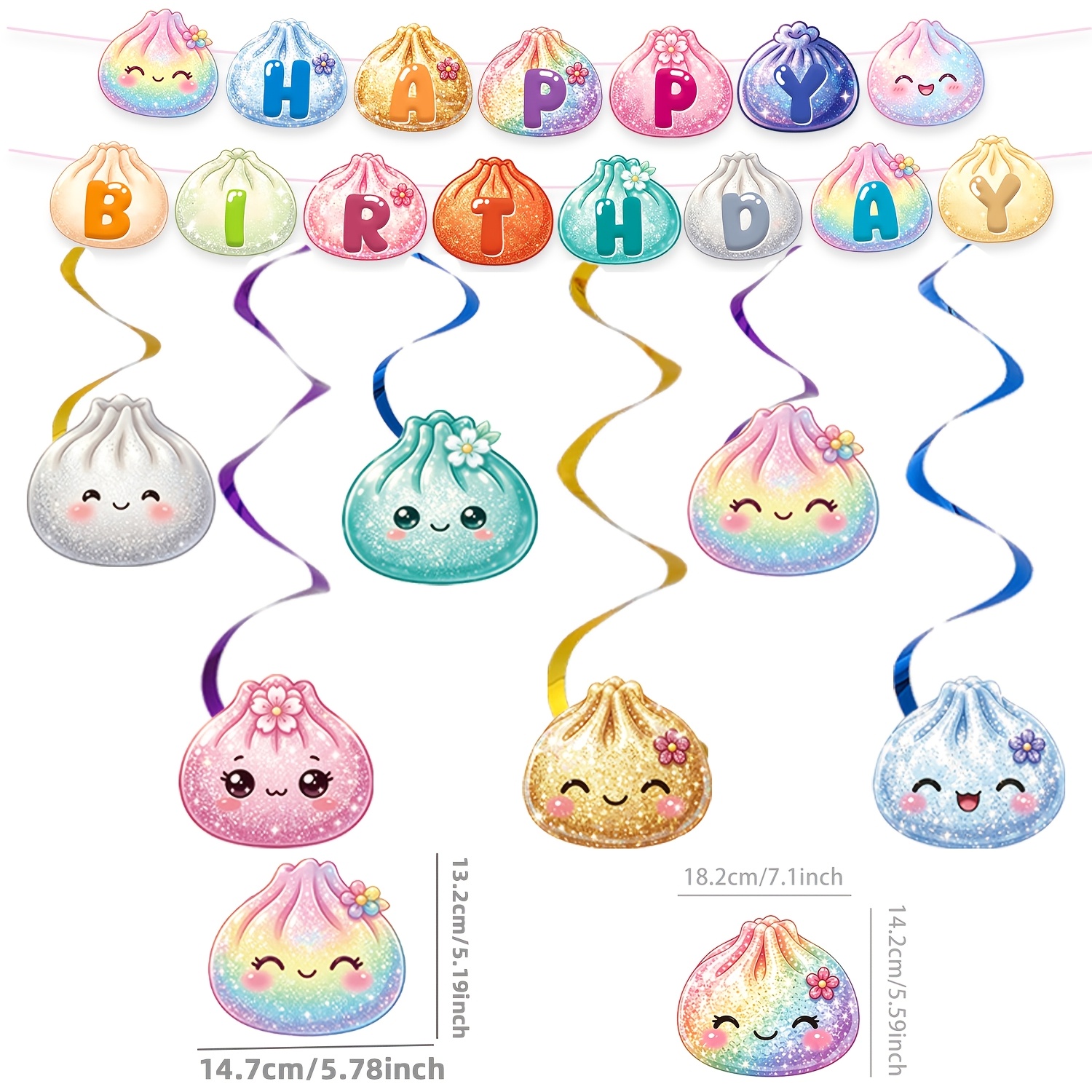 TEMU 21pcs Cute Sequin Buns Birthday Banner And Hanging Vortex Set, Colorful Cartoon Dumpling-themed Party Garland Decoration, Suitable For Indoor