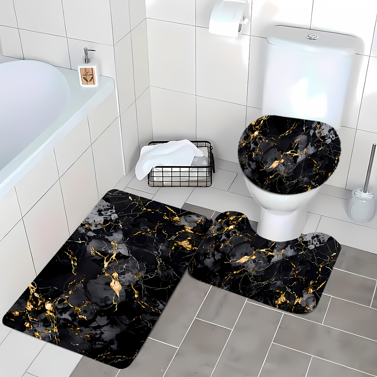 TEMU Ensemble de 3 tapis de salle de bain à motif pour décoration d'intérieur, décoration de salle de bain | Tapis de sol élégant | Tapis de bain